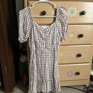 No Boundaries Beige Gingham Puff-Sleeve Mini Dress